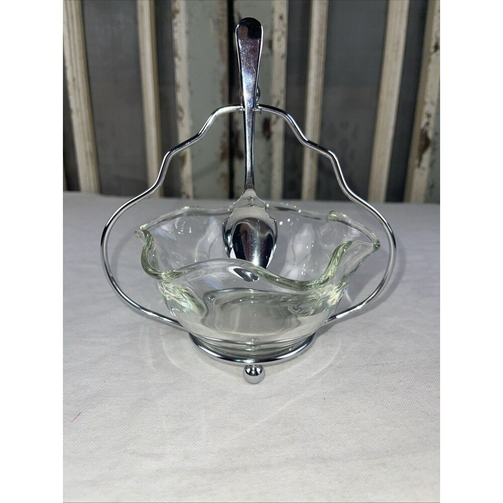 SHEFFIELD, England Vintage Condiment Set, 8" H x 6" W Glass-Chrome 3pcs.